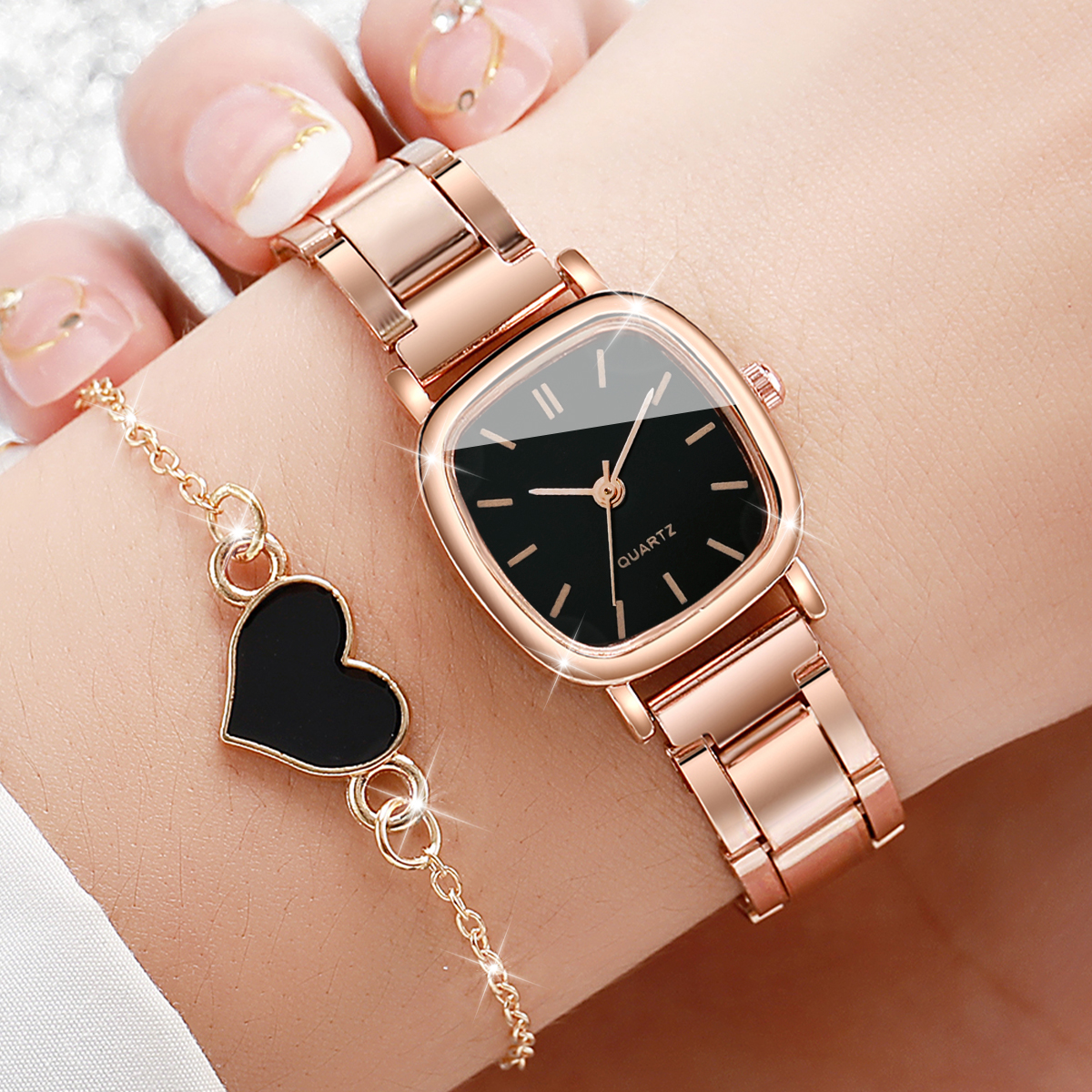 Open Heart Watch - 2PCS/Set Fashion Square Women Watches Stainless