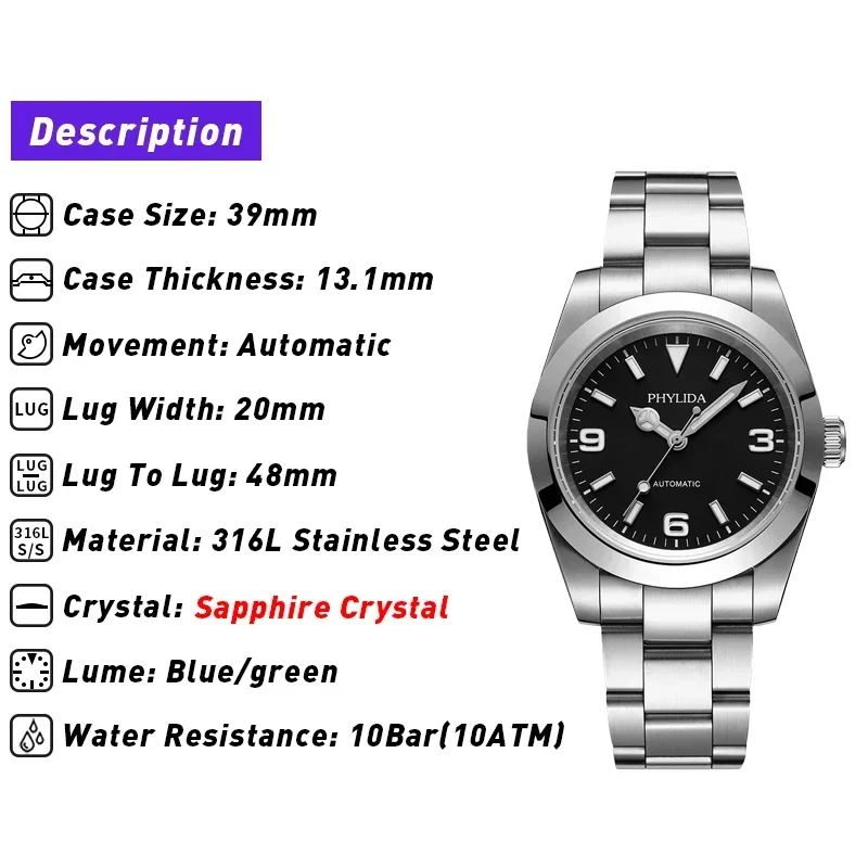 PHYLIDA 39mm Miyota  Automatic - Luxury Watch Black recensione e prezzo