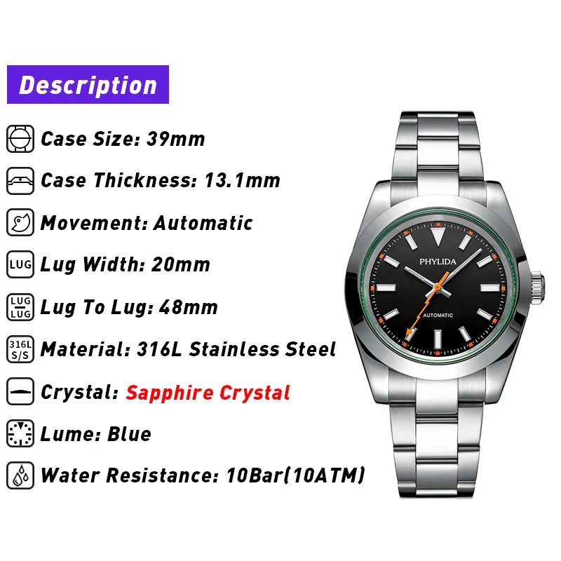 PHYLIDA 39mm MIYOTA Automatic  - Luxury Watch Black recensione e prezzo